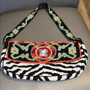 Christiana Beaded Zebra Print Shoulder Bag with Colorful Embellishment